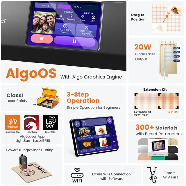 AlgoLaser Alpha MK2  20W 400x435 mm. Arbeidsområde 