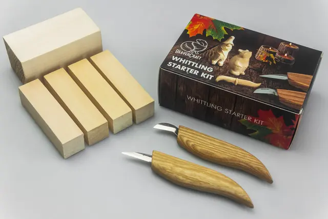 Spikkesett S16. Figurskjæring 2 kniver + 5 emner i lind. Beavercraft 