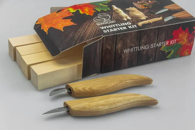 Spikkesett S16. Figurskjæring 2 kniver + 5 emner i lind. Beavercraft 