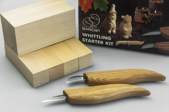 Spikkesett S16. Figurskjæring 2 kniver + 5 emner i lind. Beavercraft 