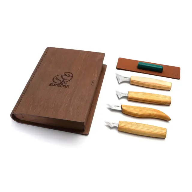Karveskurdsett S05Book i gaveeske 4 kniver og slipeutstyr. Beavercraft 
