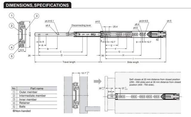 Skuffeskinne 500 mm Fullutrekk-Demp og Selvlukk- Sugatsune 